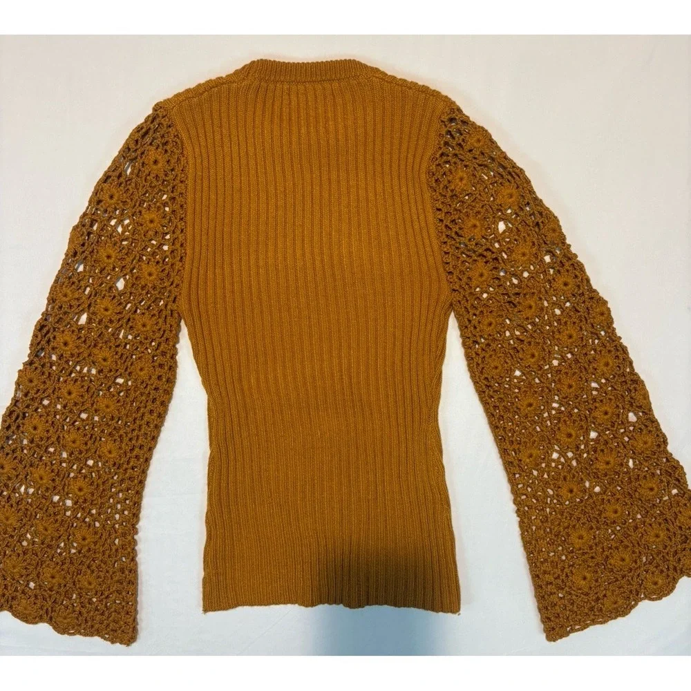 Love Colette Sweater Ladies Large Hippie Crochet Bell Sleeve Mustard Boho